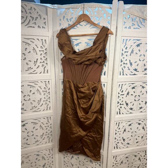 House of CB Lulu Toffee Asymmetric Drape Midi Corset Dress Size L+ Large Plus - Picture 5 of 10